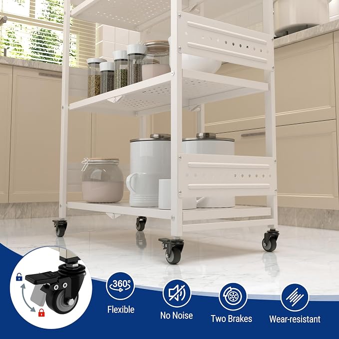 WORKPRO 4-Tier Folding Shelf, No-Assembly Metal Storage Rack with Wheels, 600 lbs Capacity (with Leveling Feet), Collapsible Shelving Unit for Kitchen, Pantry, Closet & Craft Shows - White