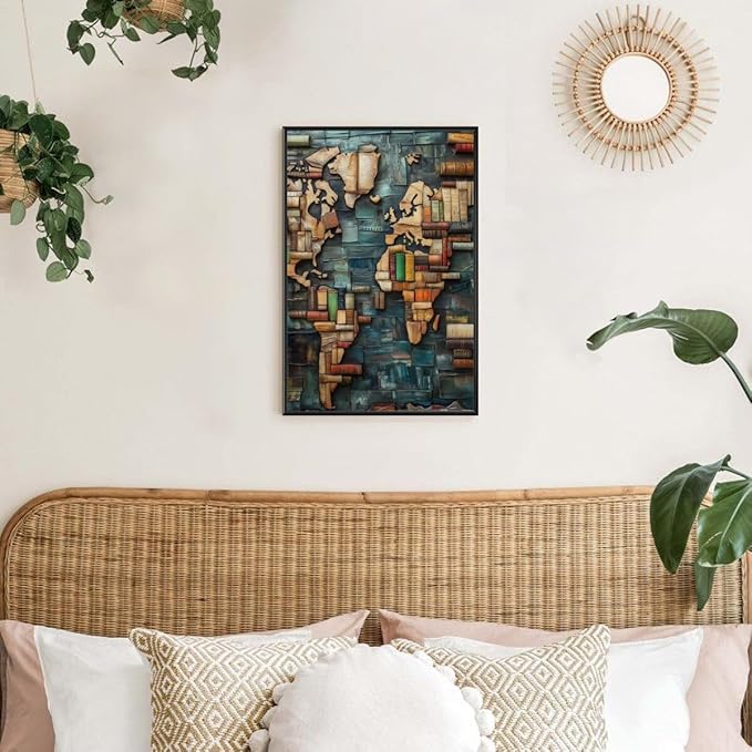 World Map Book Adventure Vintage Library Art Aesthetic Poster Canvas Wall Art Decoration Living Room Home Decor Bedroom Decoration Poster black framed16x24inch