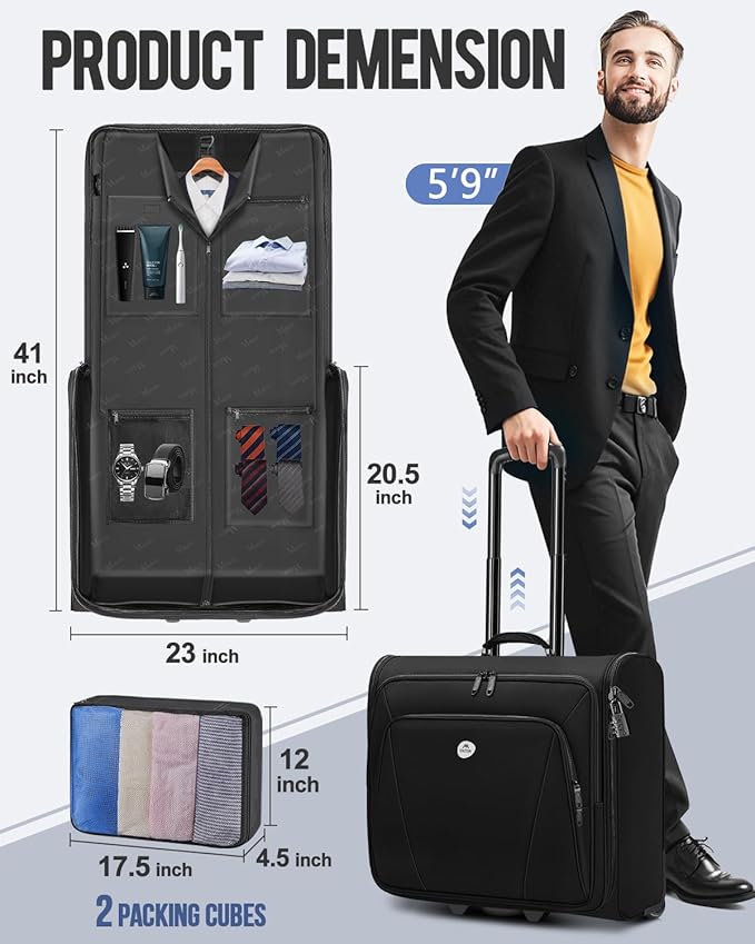 MATEIN Rolling Garment Bag with 2 Packing Cubes, Large Travel Garment Bags | Check-in Luggage, 17.3 Inch Laptop Compartment, Wrinkle Free, Wheeled Business Softside Suitcase, For Men and Women, Black