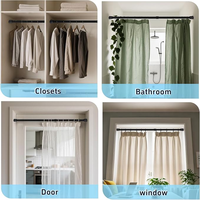 2 Pack Black Tension Rods, 33"-59" Adjustable Shower Curtain Rods, Heavy Duty No Drilling Rod, 11lbs Max Load, 1.2" End Cap, 19/22mm Tube, Metal, for Bathroom, Window, Bedroom, Doorway, Closet