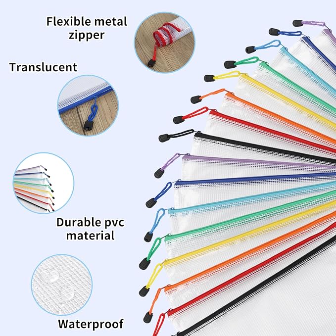 EOOUT 24pcs A4 Zipper Pouch Bags, Mesh Pouch Bags with Labels for Board Games & Puzzles Supplies, Waterproof Document Zipper Cases for School Toys Office Cosmetics Travel Storage,8 Colors