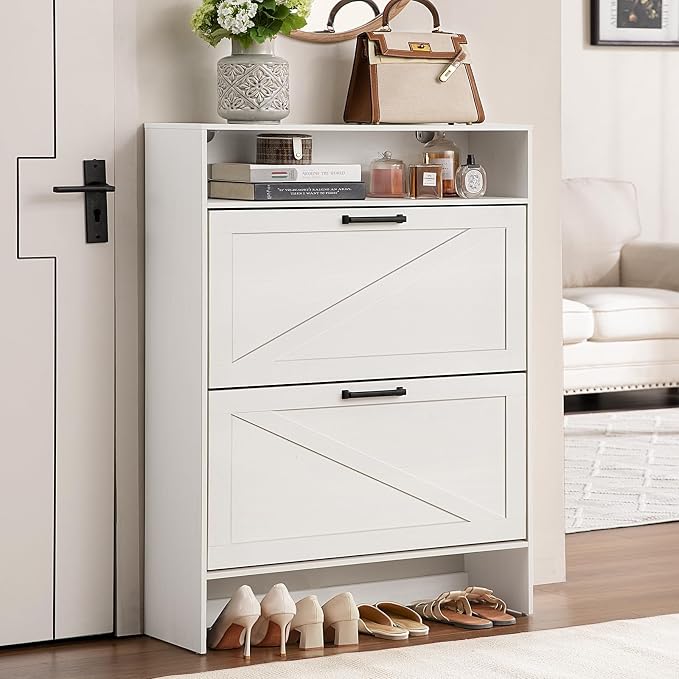 RWYHG Shoe Cabinet Storage for Entryway with 2 Flip Drawers Open Storage Layer Rack Narrow Organizer Slim Hidden Wood Shoe Cabinet Furniture White