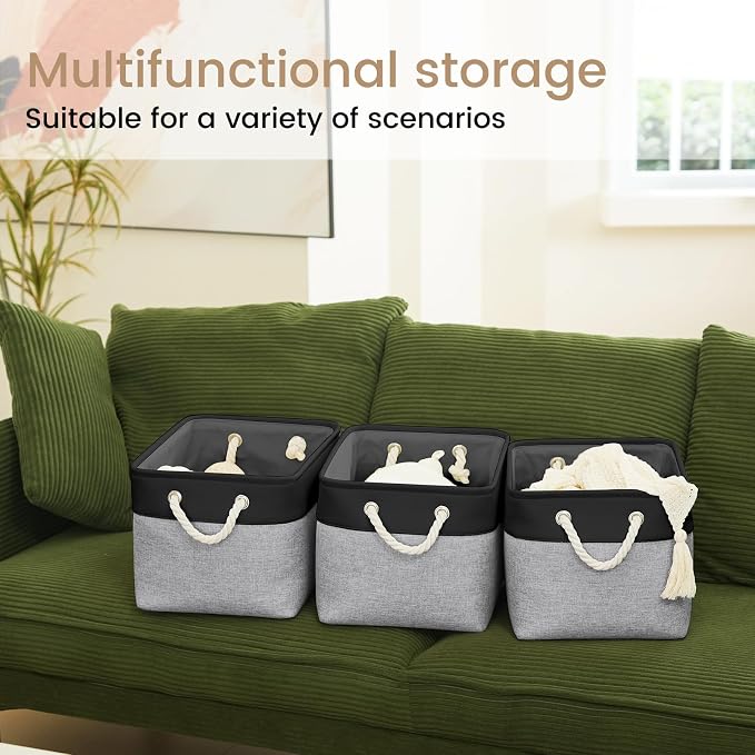 Large Storage Baskets- 15x11x10 inch Storage Bins for Shelves and Closet Organizing, Foldable Fabric Bin for Home Organization Clothes and Laundry (6-Pack, Black&Gray)
