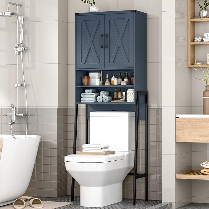 Vabches Over The Toilet Storage Cabinet, Farmhouse Over Toilet Storage Cabinet, Metal Frame with 2 Barn Doors, Home Space-Saving Toilet Rack for Bathroom, Toilet, Laundry Room.Blue