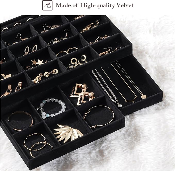 ProCase Stackable Large Jewelry Drawer Organizer, 3 Pack Velvet Jewelry Organizer Tray with Removable Dividers for Earring Necklace Bracelet -Allblack
