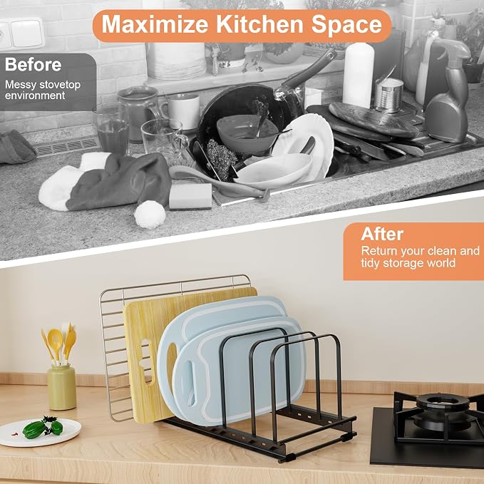 TEAMOLA Metal Cutting Board Organizer - Adjustable Bakeware Rack 1-Pack | Black Metal Kitchen Rack Organizer, Adjustable Holder Fits Pans Lids Sheets, Cabinet Counter Under Sink Caddy with 7 Slots
