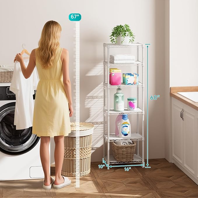 SINGAYE Metal Shelves Wire Shelving Storage Standing Adjustable Shelf Unit | 6 Tier Mesh Units Shelf for Kitchen Laundry Bathroom Closet Organizers Pantry Narrow Home Rack 10" D x 16" W x 63" H White