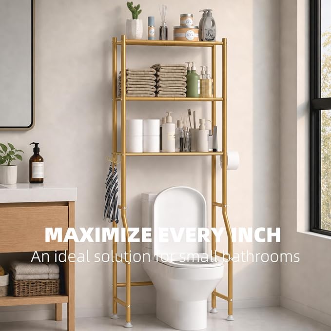 GloTika 3-Tier Over Toilet Storage with Anti-Tilt Safety System - 150lb Total Capacity Metal Bathroom Shelves Including Paper Holder & 4 Hooks, Space Saving Above Commode Organizer (64" H, Gold)