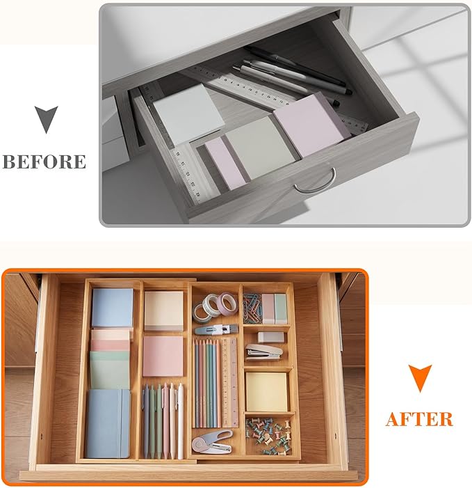 Bamboo Sliding Desk Drawer Organizer 12'' up to 15.7'' x 14'' x 2.2'' Expandable Office Desk Accessories Supplies Tray with 7 Compartments for Pens, Notebooks, Rulers, and Makeup Jewelry Vanity
