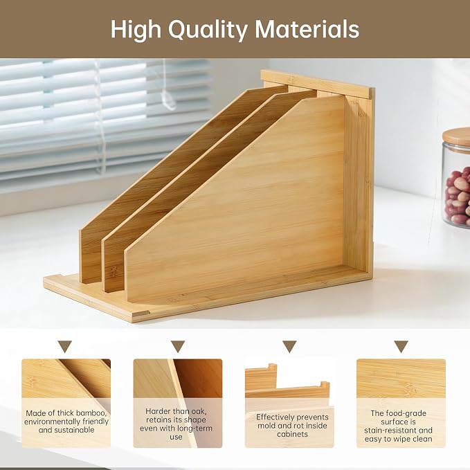 Tray Dividers for Kitchen Cabinets (14"H x 21.3"D) - Bamboo Cabinet Organizer with 3 Dividers for Cookie Sheets, Baking Pans, Cutting Boards & Pot Lids - Fits 15" Base Cabinet