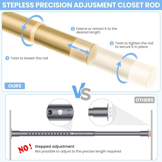 4 Pack Closet Rods for Hanging Clothes, 17 to 54 Inch Heavy Duty Stepless Adjustable Closet Hanging Rod, 1.3 Inch Diameter Metal Closet Rod for Wardrobes Laundry Bedroom RV, Gold