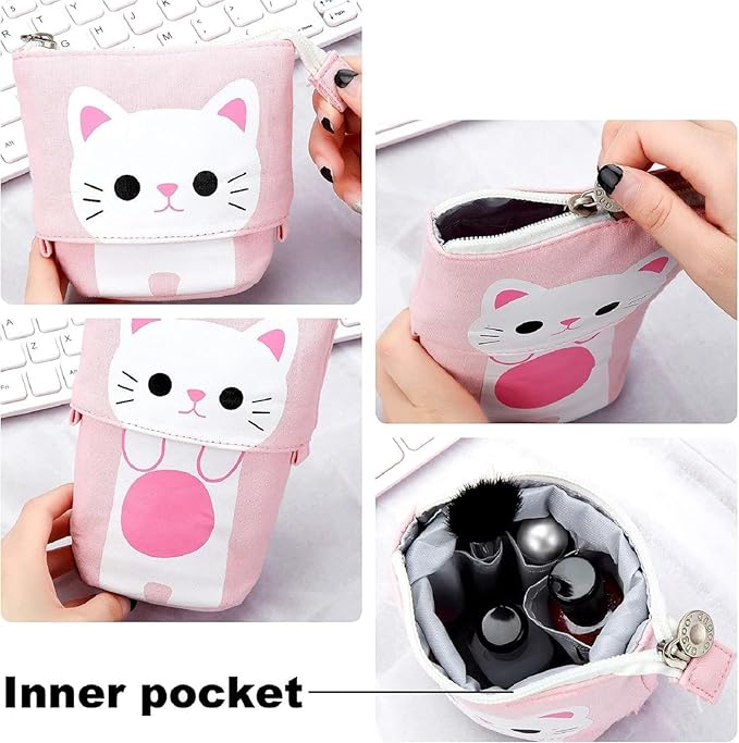 Outus 3 Pcs Standing Pencil Case Cute Stand up Pencil Pouch Telescopic Pen Holder Kawaii Stationery Pouch Makeup Cosmetics Bag for School Students Office(Gray, Black, White Cat)