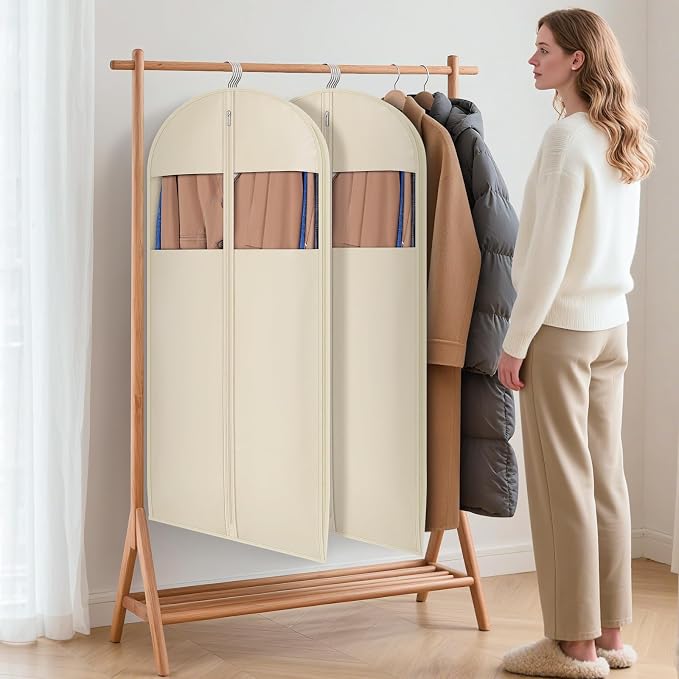 Syeeiex 54'' Garment Bags for Hanging Clothes with 8'' Gussets,Space Saving Hanging Garment Bag with Self Compression Zipper - Save 50% Space-Can Hold 6 Down Coats,8 Fur & Winter Coats,20 Shirts(2PCS)
