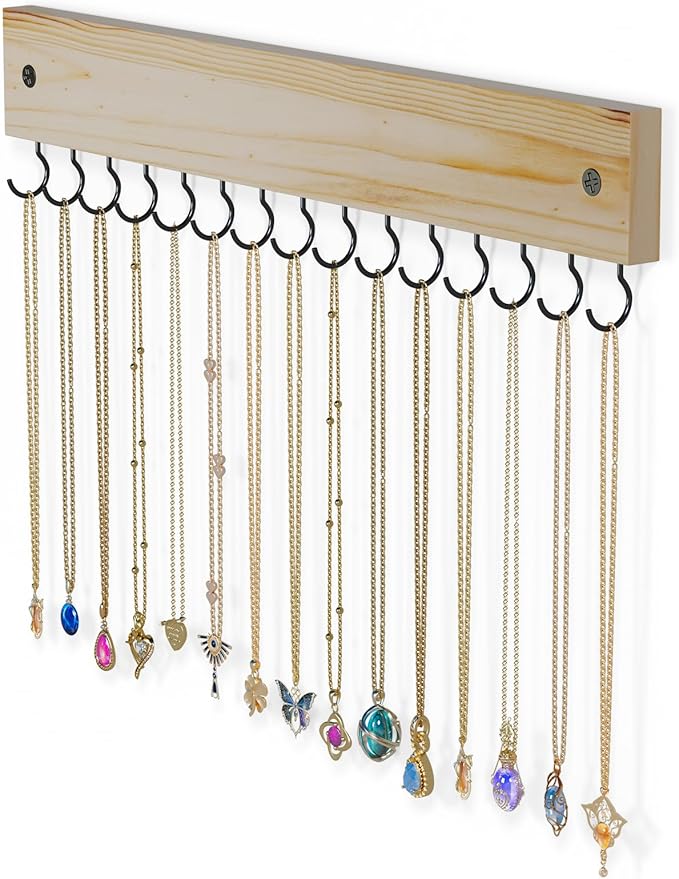 Lolalet Wooden Necklace Holder for Wall with 15 Hooks -Nature | Wall Mount Jewelry Hangers for Necklaces, Chains, Bracelets and Earrings, Tangle-free, Easy to Install