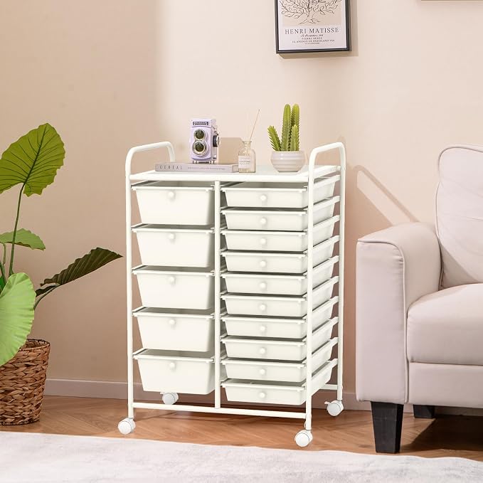 LUARANE Rolling Cart with 15 Drawers, Craft Storage Cart with Portable Handles & Lockable Wheels, Mobile Toys Organizer, Large Capacity Utility Drawer Cart Home Office School Teacher (White)