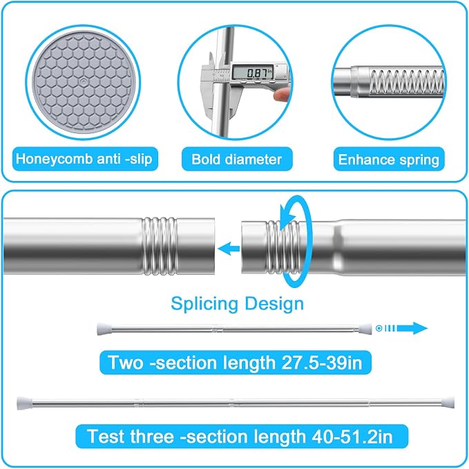 AIZESI 2PCS Tension Rods for Windows 28 to 48 Inch Spring Tension Curtain Rod 7/8 Inch Adjustable Curtain Rods Small Tension Rod No Drill Spring Tension Rod for Window or Shower, Silver