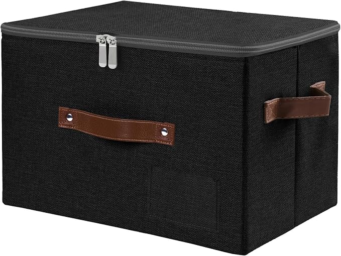 ANMINY Fabric Storage Box Bins with Zipper Lid, Washable Black | Cotton Linen Fabric, PP Board Frame, Label Holder, Stackable & Foldable, PU Handles, Dual-Zipper 3-Side Open Lid, Medium