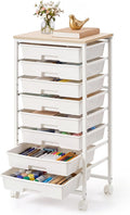 VASAGLE 8-Drawer Rolling Storage Cart, Utility Cart with Wheels and Wood Top, Craft Organizer for Office and Home, 15.6 x 11.2 x 30.1 inch, White, Benco Collection ULRC006W101