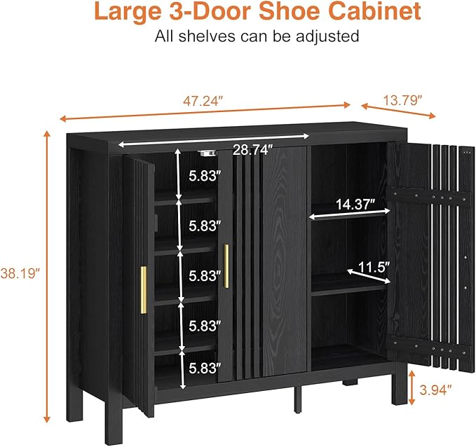 UNIQUITE Shoe Storage Cabinet with 3 Shutter Doors, 30 Pairs Shoe Cabinet with Adjustable Shelves, 5-Tier Large Shoe Rack Organizer for Entryway Hallway Living Room, Black