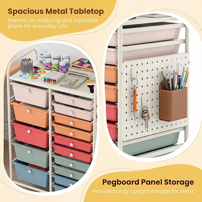 DREAMADE 15-Drawer Rolling Storage Cart, Craft Organizer Cart, Macaron | Mobile Utility Cart with Metal Pegboard Panels, Tabletop and Lockable Wheels for Classroom, Office, Studio and Playroom