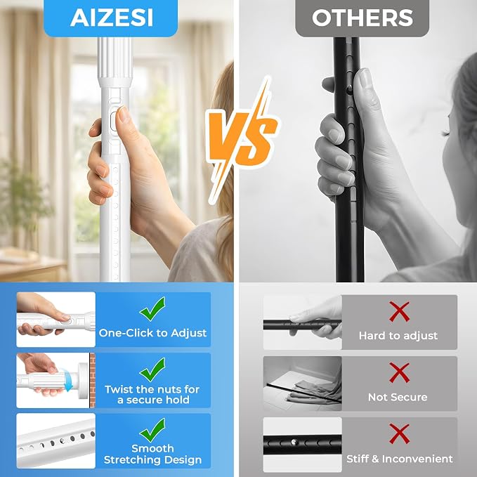 AIZESI 41-165 Inch Heavy Duty Tension Curtain Rod - No Drilling, Adjustable, Rust-Resistant for Outdoor, Living Room, Window, Bathroom (White, 41" to 165"|2PACK)