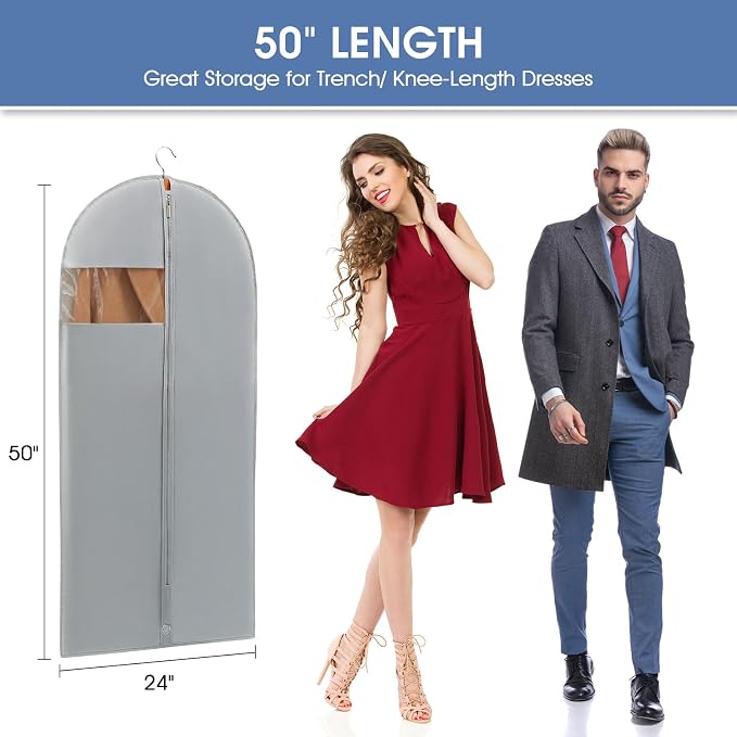 50" Garment Bag, Mens Suit Bags for Closet Storage and Travel, Garment Bags for Hanging Clothes, Foldable Suit Cover Bags with Clear Window for Coats, Jackets, Dresses - Gray/ 5 Packs