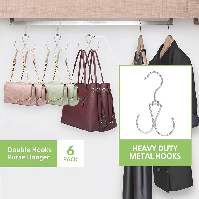 6 Pack Purse Hanger for Closet, 12 Storage Capacity Rotatable Purse Hooks, Hanging Backpack Bag Holder, Closet Organizers and Storage, Silver