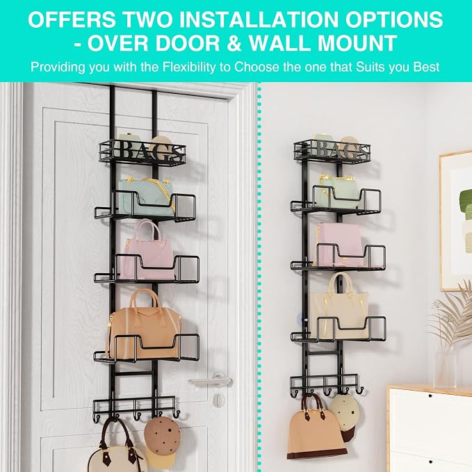 HapiRm Over Door Purse Organizer - Adjustable Purse Storage Rack with Bags Design Metal Basket, Wall Mounted Handbag Organizer, Hanging Handbag Holder, Can Use As 1/2 Part Detachable