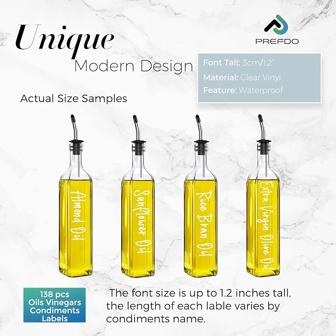 138 Oil and Vinegar Labels for Bottles, White Script Clear Preprinted Condiments Stickers for Squeeze Dispensers Kitchen Pantry Organization, Waterproof & Oil-Proof