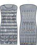 Dual sided Jewelry Hanging Organizer Closet Necklace Holder for Earrings Bracelets Rings with 42 Clear Pockets and 17 Hook Loops (Grey
