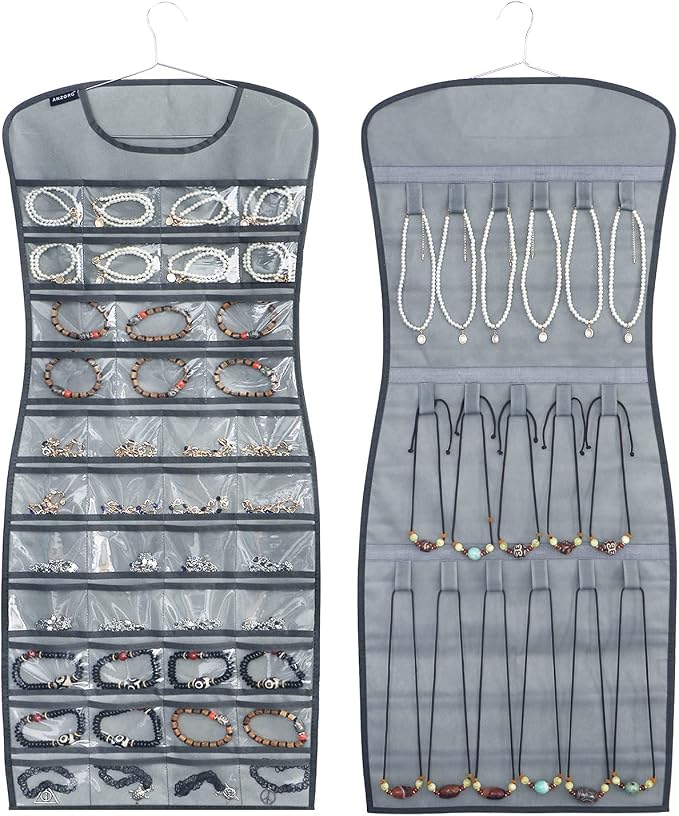 Dual sided Jewelry Hanging Organizer Closet Necklace Holder for Earrings Bracelets Rings with 42 Clear Pockets and 17 Hook Loops (Grey