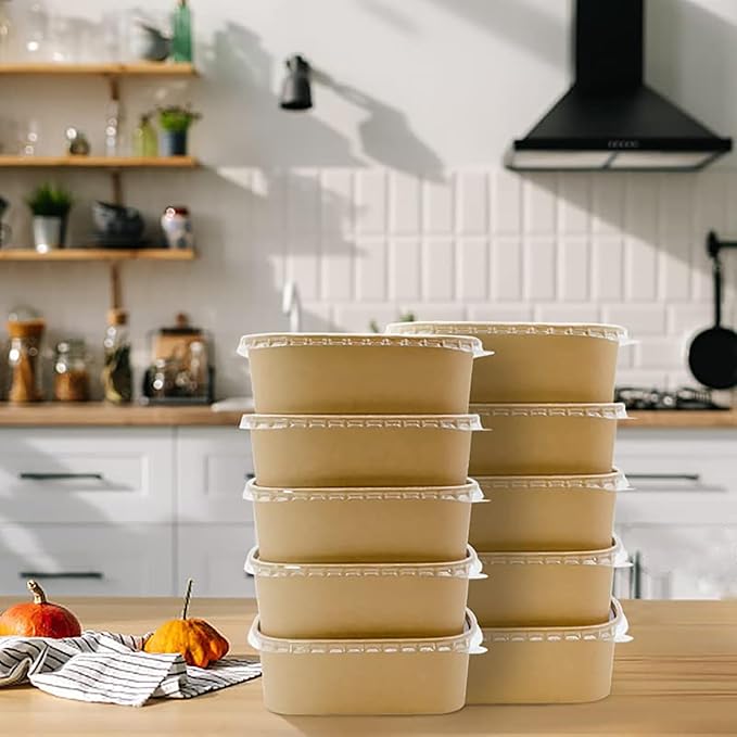 25oz Disposable Paper Bowls with Lids, 50 Sets Salad Bowls To Go for Lunch Microwave Safe, Paper Meal Prep Containers Disposable Takeout, Serving Bowls Leakproof for Hot Cold Food