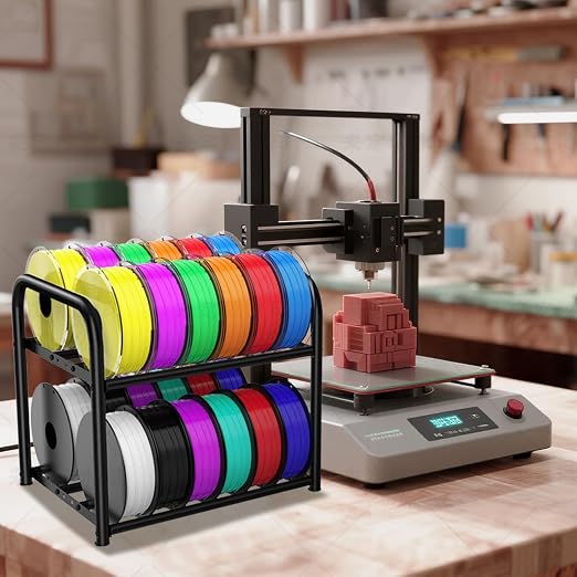 2-Tier Metal Filament Rack, 24 Spool Storage, Under Desk Cart for Workshops | Adjustable 2-tier Shelves Fit 250g-1KG Spools, Sturdy Metal, 33lb/shelf, 4 Swivel Wheels,Tool-Free Install