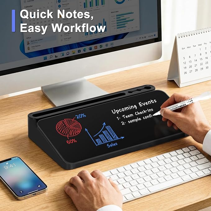 Small Desktop Glass Whiteboard with Storage, Desk White Board Stand Black | Computer Keyboard Stand, Office Desk Organizers and Accessories with Drawer, To Do Memo Notepad, Home School Supplies