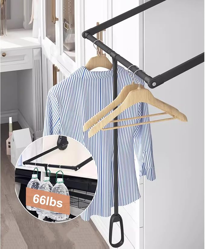 Pull Down Closet Rod for Hanging Clothes, Wardrobe Lift Rail Aluminum Alloy Organizer, Side Mounted Closet Rod for Kitchen Bedroom High Cabinets, 66 lbs Load Capacity (Black, 33.4"-45.3")
