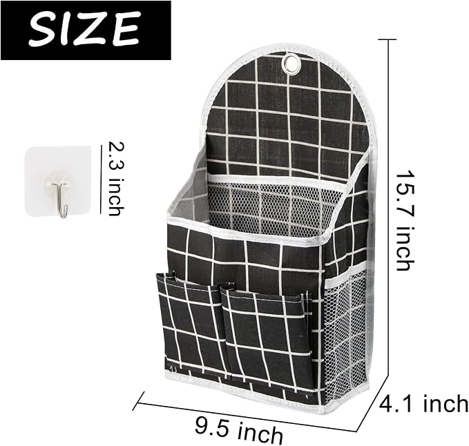FuninCrea Wall Hanging Storage Bag, Black and White Checkered Linen Organizer Wall Mounted Punch-Free Over The Door Storage Pouch with 6 Storage Pockets and 1 Hanging Hook (Black)