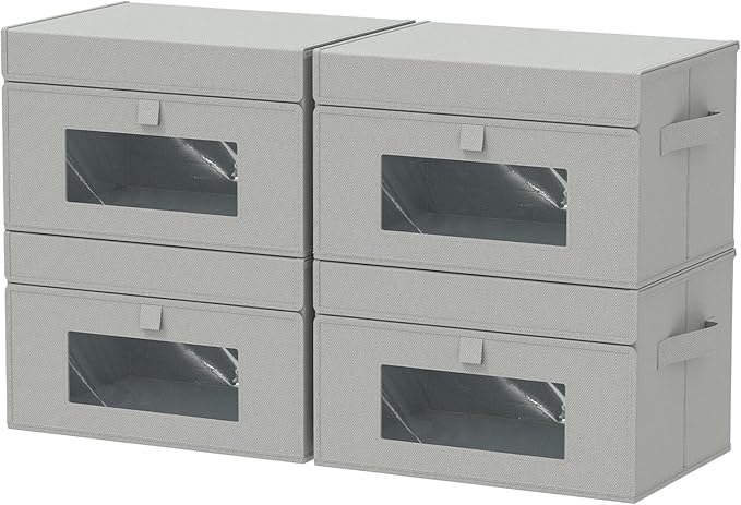 Transparent Window Storage Bin, Cube Organizer Basket with Flip-Top Lid and 2 Handles, Decorative Boxes with Cover, 4 Pack, Grey, 13 x 9 x 7.9 In, XSNY17GM-4