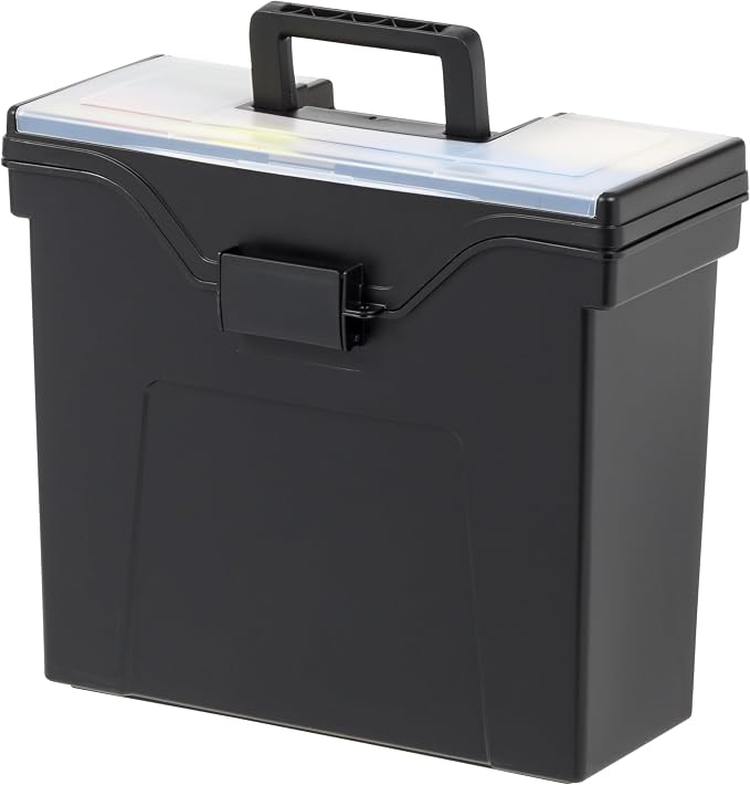 IRIS USA Portable File Box With Handle, Slim w/Organizer Lid, Plastic File Organizer Box for Letter Files, Hanging Filing Folder Organizer, Lockable, Secure Buckle, Black