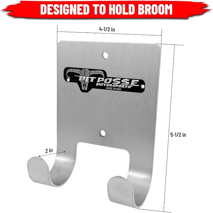 Pit Posse PP3187 Aluminum Broom Holder Hanger for Enclosed Trailer Garage Shop Storage - Made in USA - Wall Mount Utility Rack Caddy Cabinet Organizer Van Auto Workshop RV Whisk/Angle Sweeper (Silver)