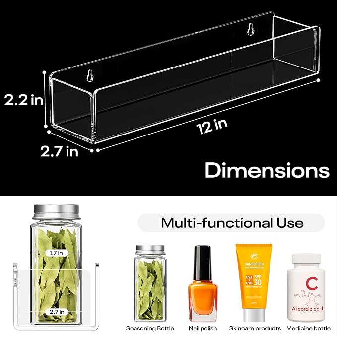 Wall Mounted Acrylic Spice Rack 4 Pack, 12 Inch Clear Pantry Door Organizer, Floating Spice Organizer, Adhesive or Screw Mounted Cabinet Seasoning Shelf