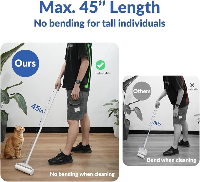 DELOMO 9.45” Large Lint Roller for Pet Hair, Long Handle for Floor & Carpet | 45” Long Lint Roller, 360 Extra Sticky Sheets, No-Bend Cleaning for Couches, Bedding, Car Seats, Rugs and Furniture