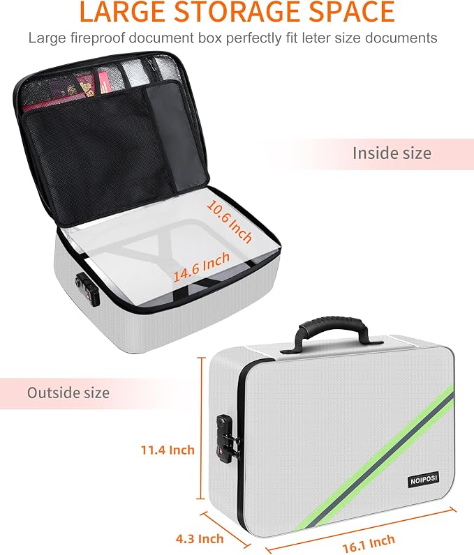 Noiposi 5200℉ Fireproof Document Box with Lock 16.1"x11.4"x4.3" | Portable ,Home ,Travel Water Resistant Document Storage Organizer for Important Documents and File ,Silver