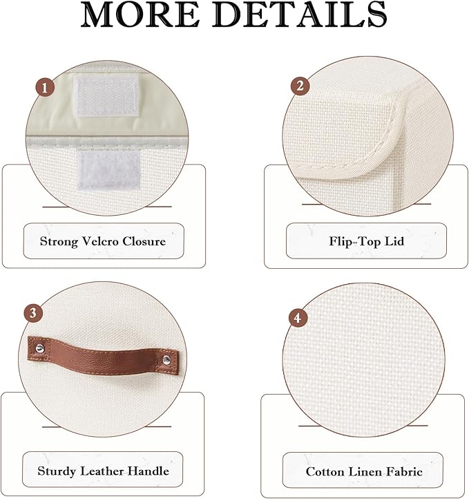Collapsible Storage Boxes Baskets with Lid Cotton Linen Fabric Storage Bins with Faux Leather Handles Decorative Washable Cube Organizer Container for Home Closet Bedroom (Beige, Small Size)