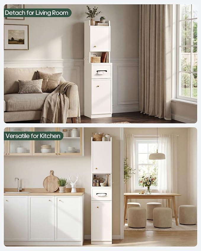 7-Tier Over Toilet Storage Cabinet, 2-in-1, Separable Bathroom Storage | Over-Toilet and Tall Narrow Cabinet, with Doors, Adjustable Shelf, Big/Small Room, Laundry, Tissue Holder, Anti-Tip, White