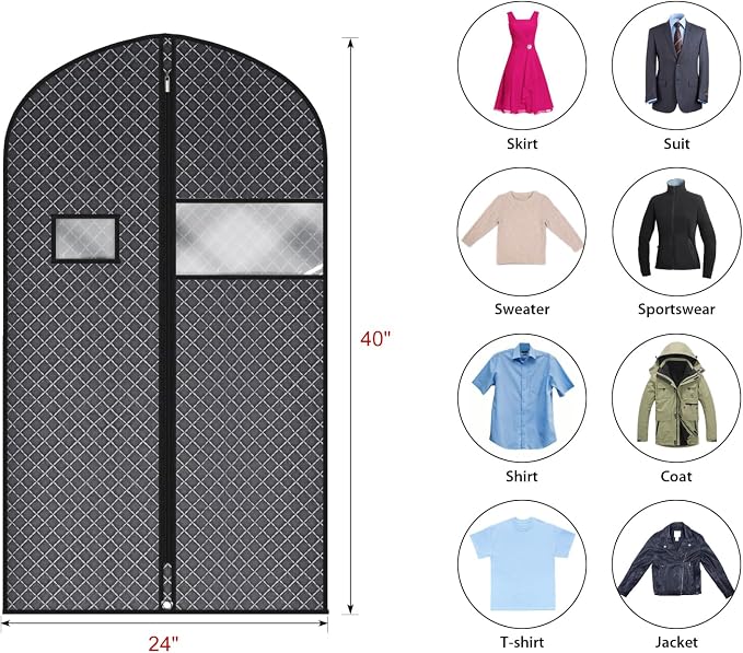 Univivi Suit Bags for Closet Storage and Travel, 40 Inch, 10 Pack, Black | Non-woven fabric, Breathable Suit Cover, Dustproof Hanging Storage Bag, Clear Window and ID Card Holder for Closet Storage