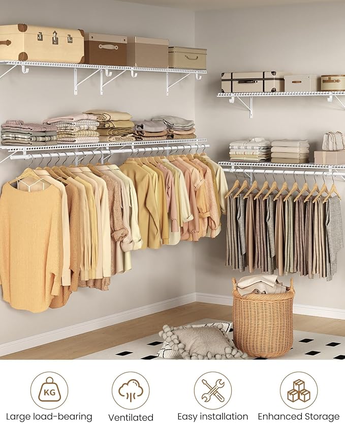 Wire Closet Shelving with Triangular Brackets & Hanging Rod, 2-Pack | Reinforced Triangular Bracket, Hanging Rod Included, Built-in Rod Holders, 150 lb Capacity, Wall Mounted, 4ft x 12in, 2-Pack