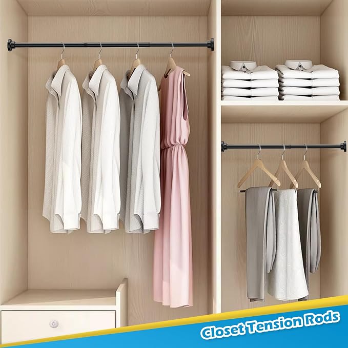 Spring Tension Rod Adjustable 33 to 45 inch Small Curtian Rod No Drilling Black Tension Rod 5/8" Non-Slip Expandable Pressure Spring Loaded Curtain Tension Rod for Windows, Doors, Closet