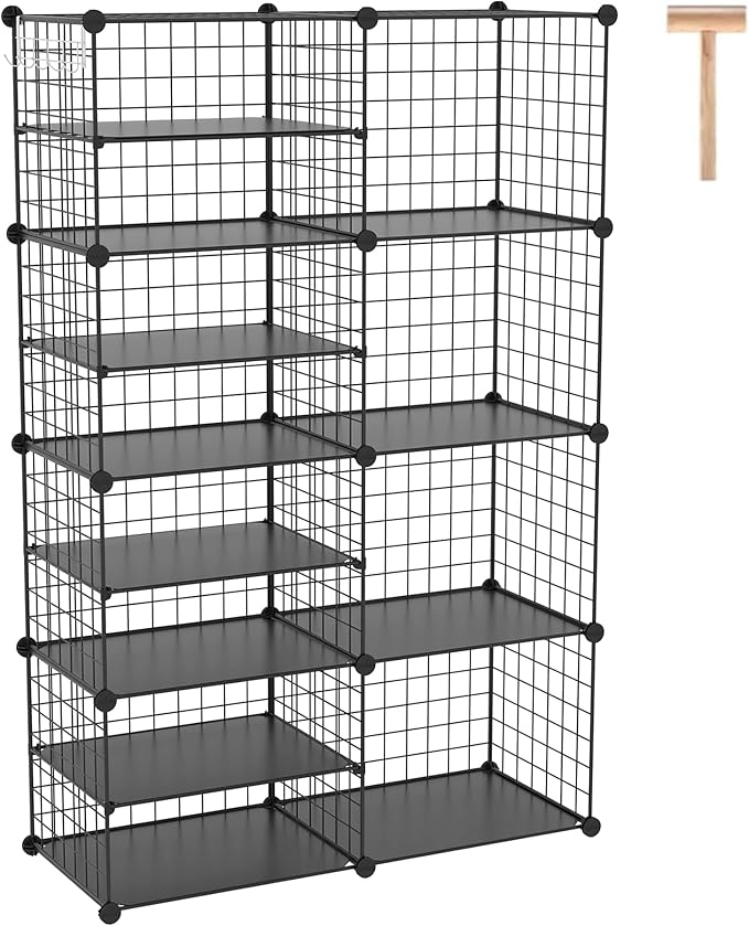 C&AHOME Wire Cube Storage Unit, Interlocking Metal Wire with Divider, Black | Modular Cabinet with Plastic Panels Bookshelf Stackable Closet Organizer with Small Hooks