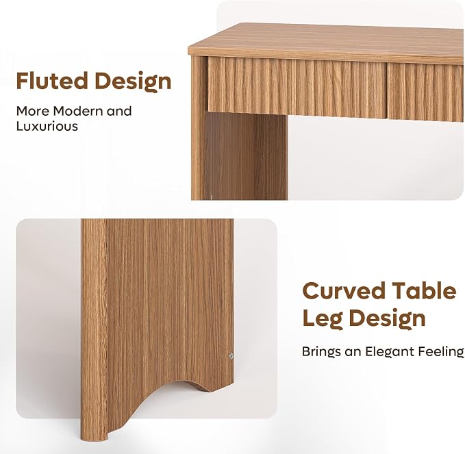 Bestier 40-Inch Fluted Wood Computer Desk with 2 Silent Drawers, Light Wood | Vertical Fluted, 2 Storage Drawers Silent Damping, 40x20 in, 30in Ergonomic, Scratch-Resistant Melamine, Non-Slip Pads