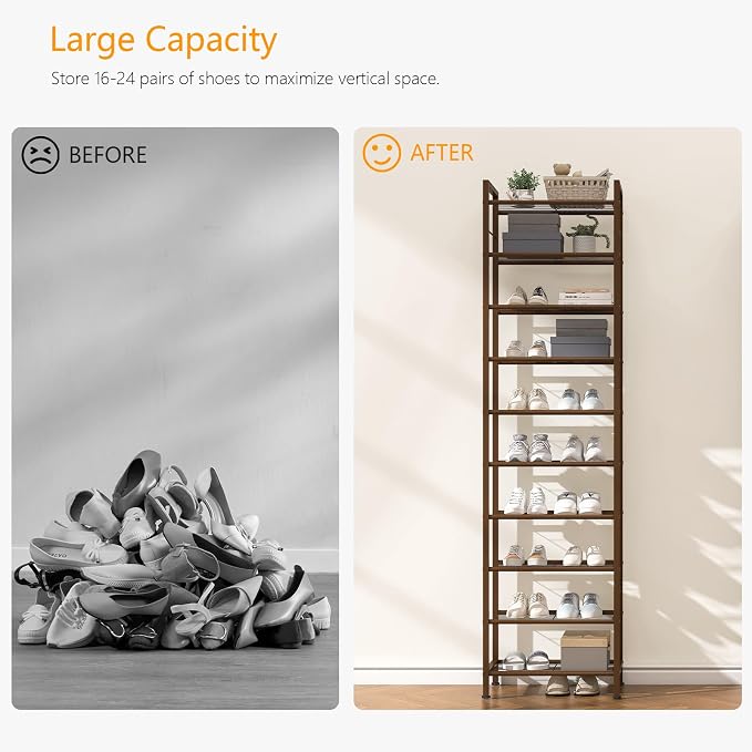 usikey 10 Tiers Narrow Shoe Rack 20-30 Pairs, Sturdy Metal Tall Shoe Rack Shelf with 4 Hooks, Slim Shoe Storage with Metal Shelf, Space Saving Vertical Shoe Organizer for Closet Entryway, Bronze